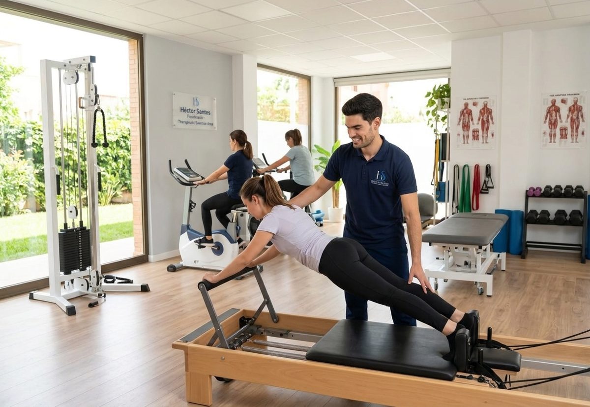 Héctor Santos guiando a una paciente en un ejercicio terapéutico sobre la máquina de pilates