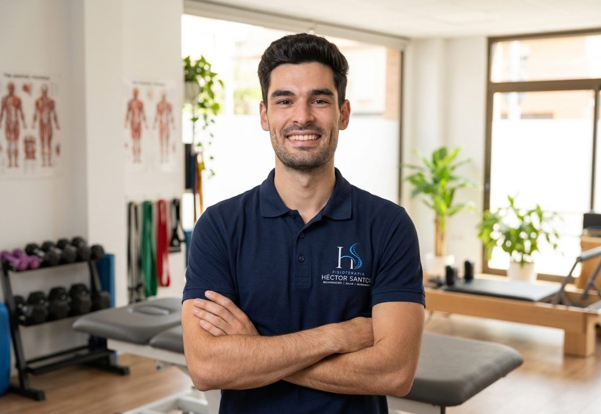 Héctor Santos, fisioterapeuta, sonriendo con los brazos cruzados en su clínica