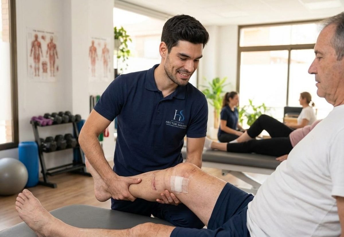 Héctor Santos movilizando la rodilla de un paciente