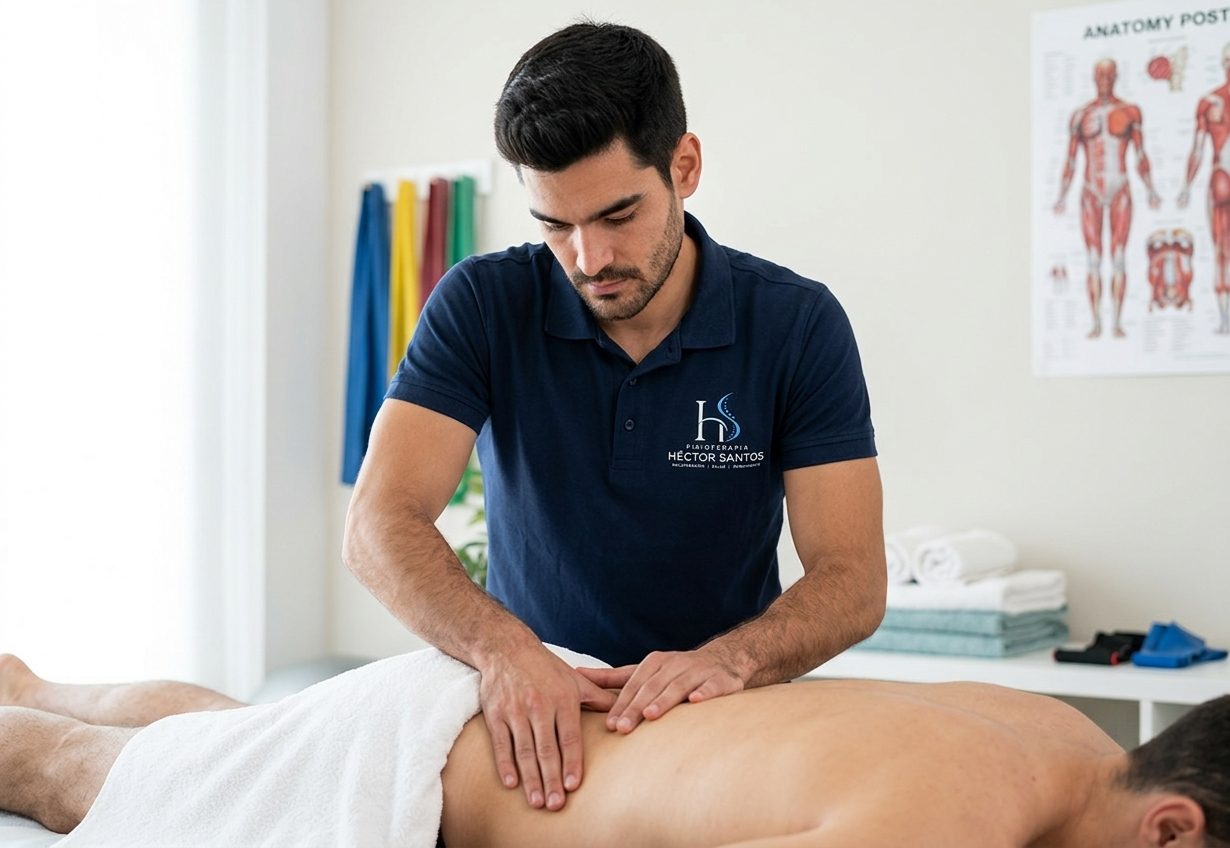 Héctor Santos realizando un masaje terapéutico en la espalda de un paciente